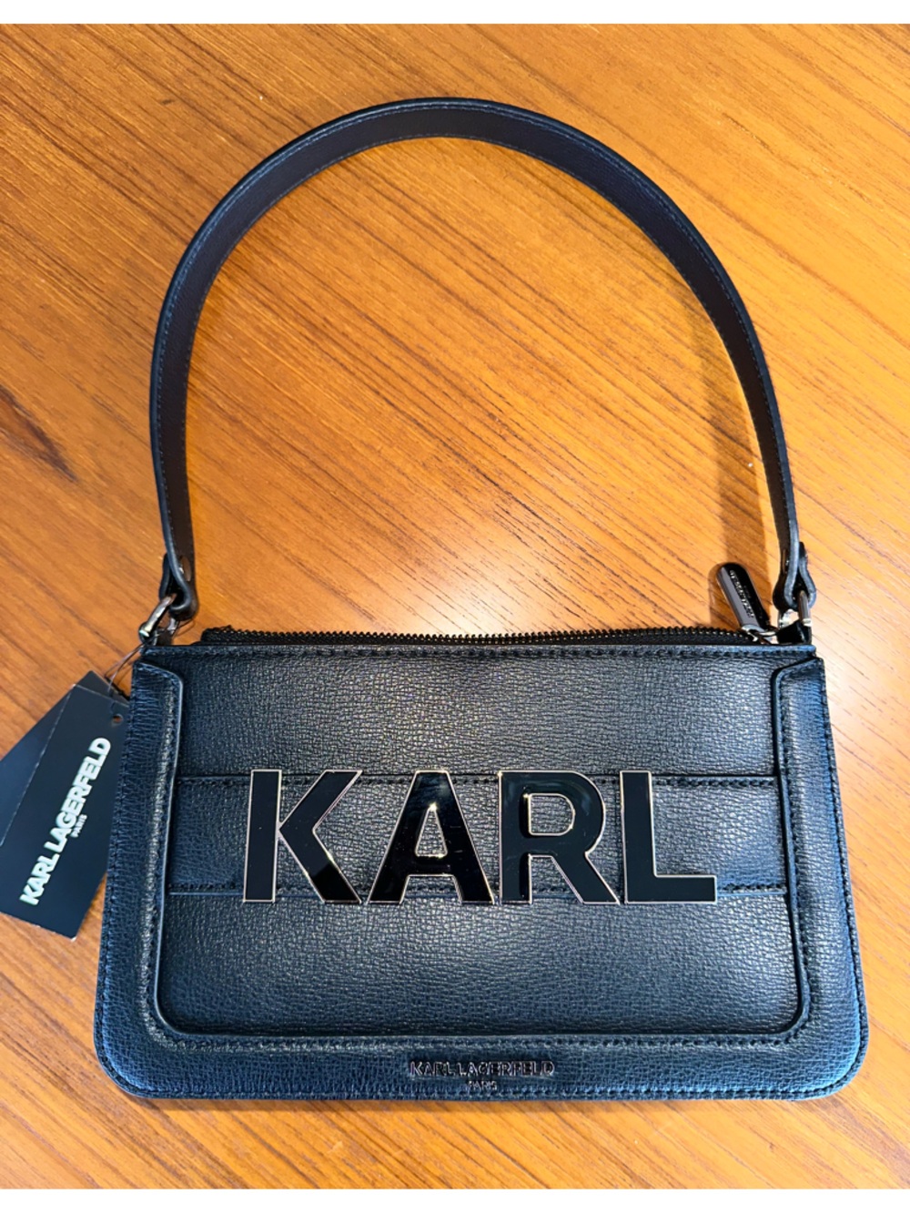 ✨ Karl Lagerfeld Paris Logo Mini Shoulder Bag – NWT Black Leather Baguette - Picture 8 of 12